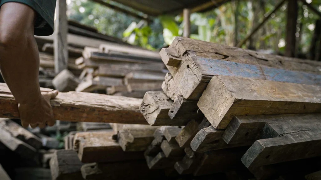 Weathered reclaimed teak beam with natural patina