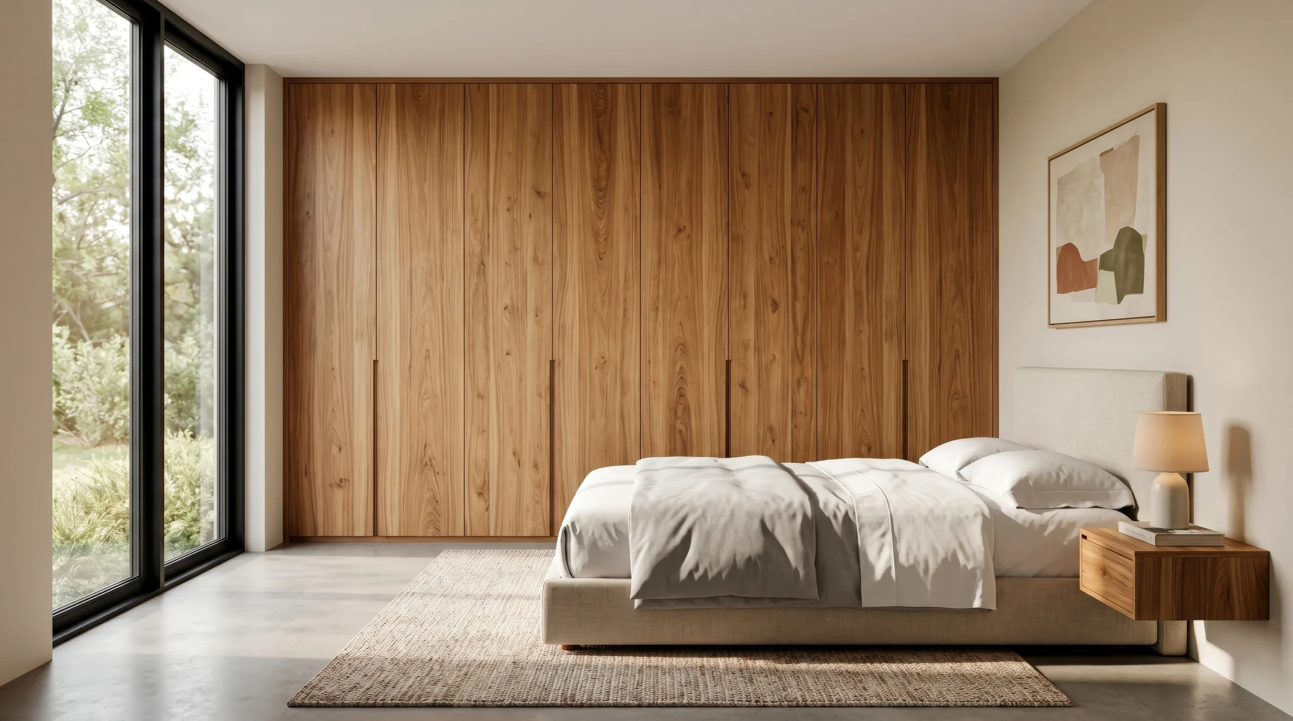 Floor-to-ceiling built-in wardrobe made from FSC recycled reclaimed teak wood for long-term stability.