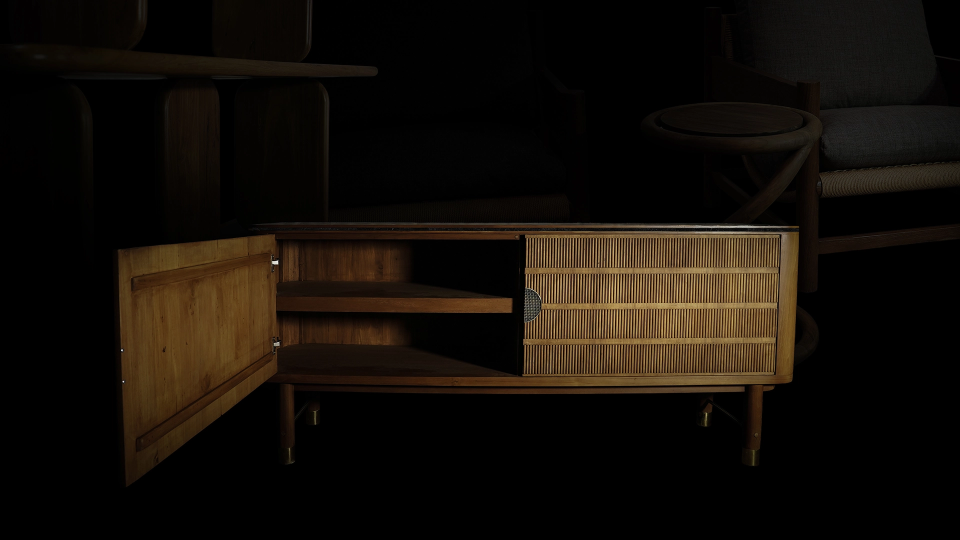 Handcrafted wooden storage cabinet with sliding textured doors and open shelving by Nusantara Lifestyle displayed at Green Design Show 2026.