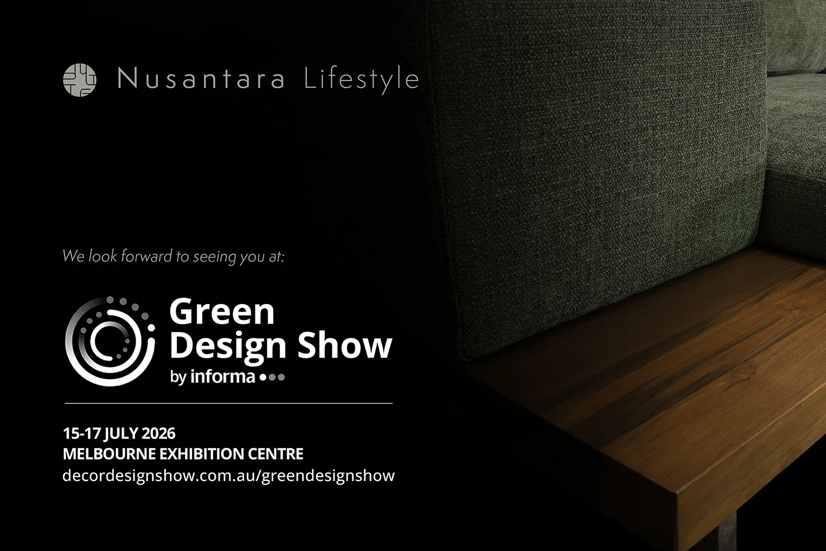 Close-up of a modern sustainable sofa and wooden furniture detail showcased by Nusantara Lifestyle at Green Design Show 2026 in Melbourne.