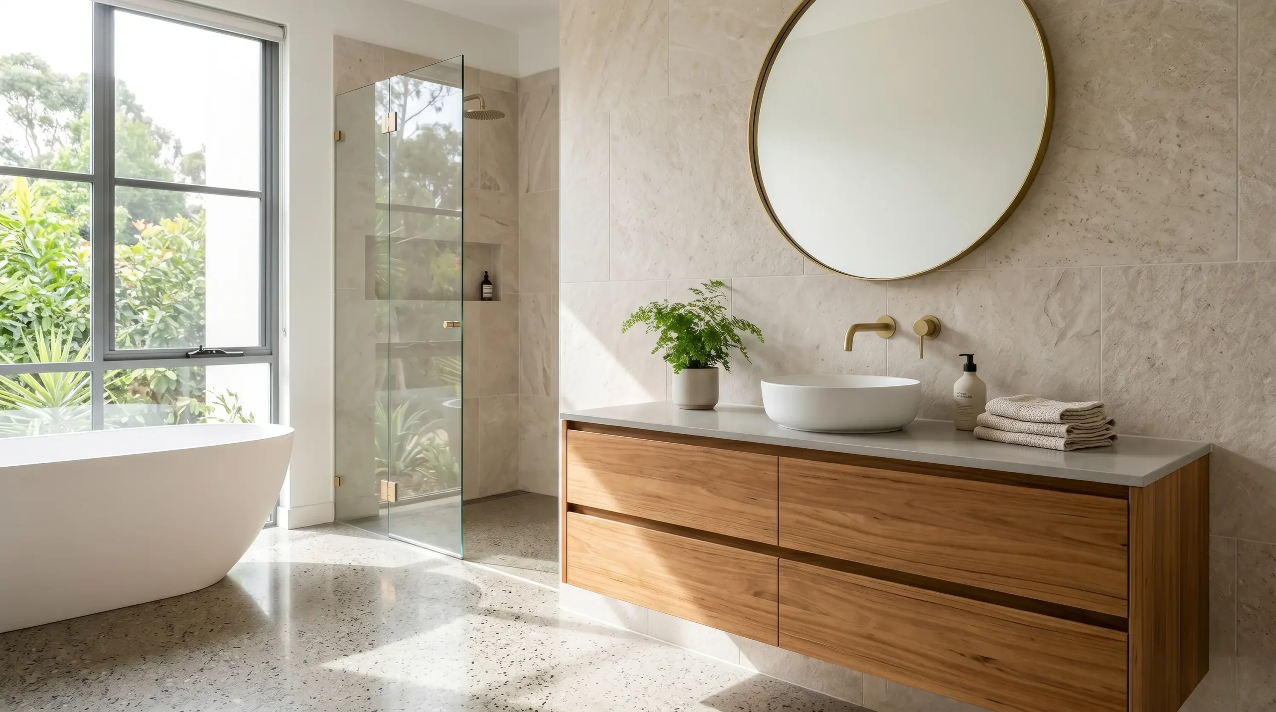 Durable reclaimed teak bathroom vanity in a contemporary Japandi style interior.