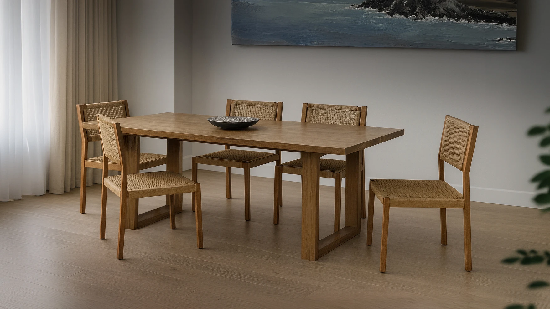 Reclaimed teak dining table by Nusantara Lifestyle in a modern tropical dining interior with warm natural lighting.