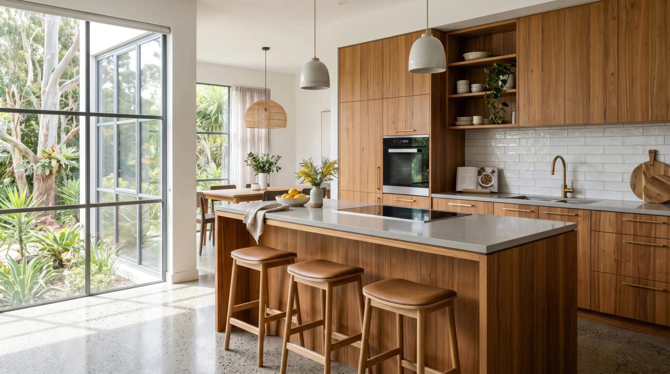 Modern minimalist kitchen featuring premium reclaimed teak cabinetry by Nusantara Lifestyle in Australia.