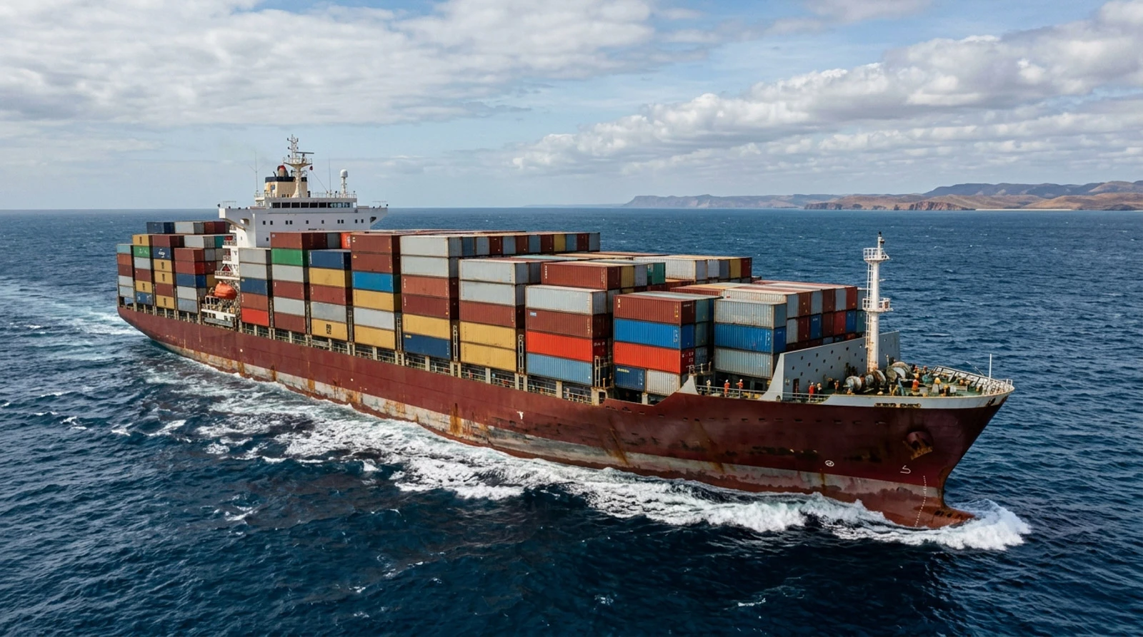A large freight ship transports custom furniture across the ocean as part of an international shipment to Australia.