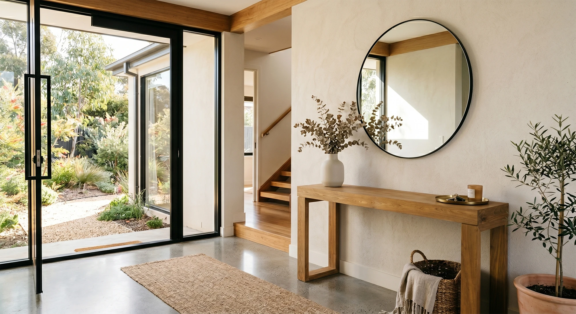 reclaimed-teak-console-table-in-modern-entryway Reclaimed teak console table in a modern Australian entryway featuring natural materials and sustainable interior design.