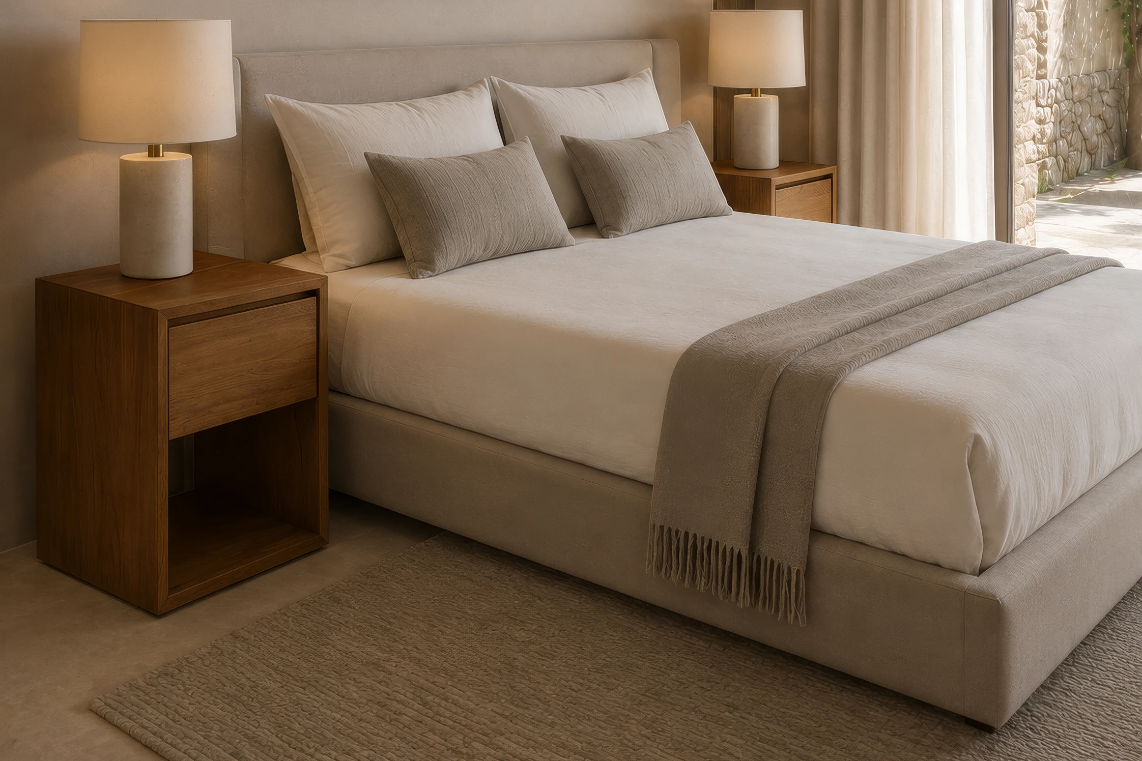 sustainable-bedside-table-with-reclaimed-teak A photo of a modern bedroom scene featuring an upholstered bed flanked by two finely crafted bedside tables. The bedside tables is made from smooth-sanded, warm-toned reclaimed timber, showing a rich grain with a polished finish.