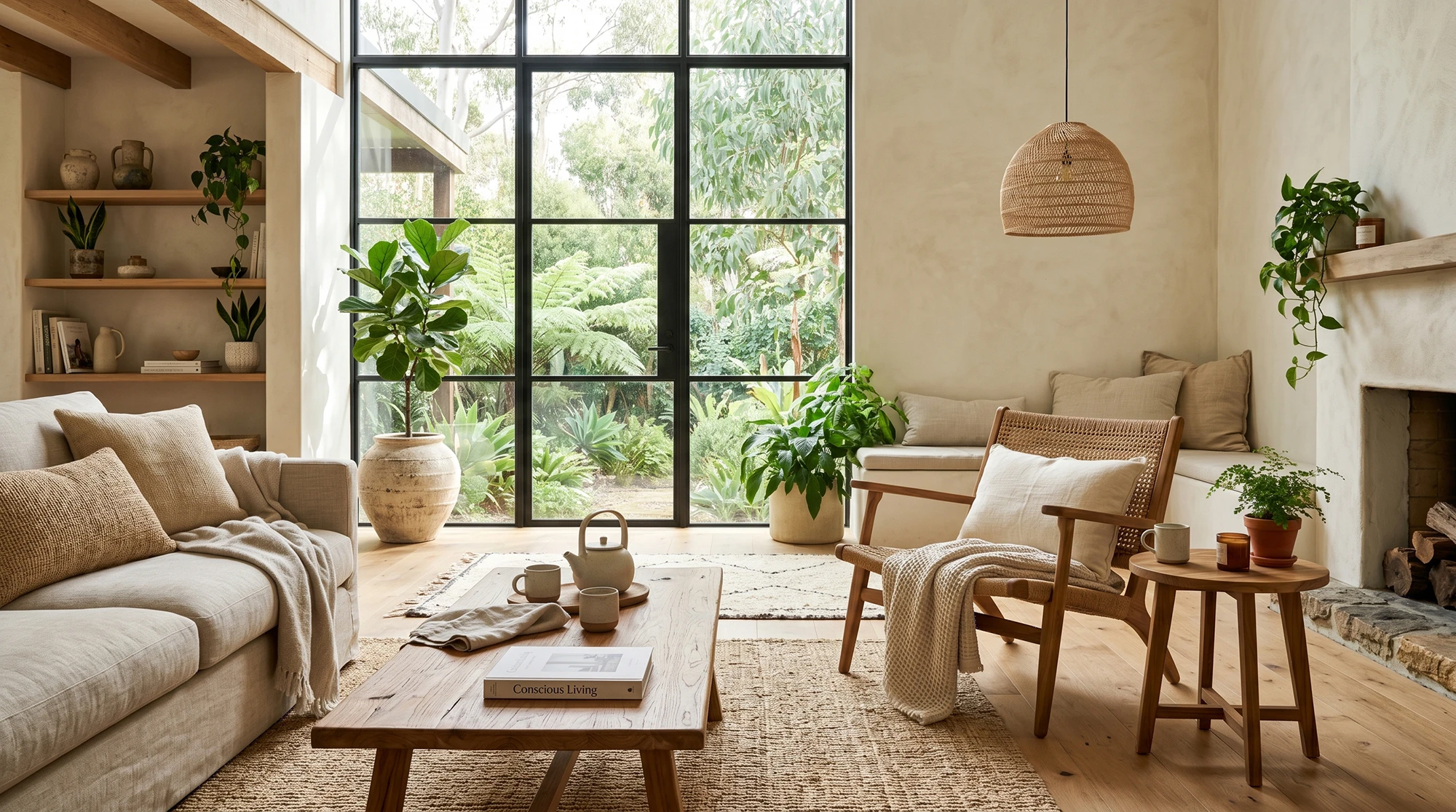 Sustainable living room featuring reclaimed teak furniture, natural textures, and timeless Australian-inspired interior styling.