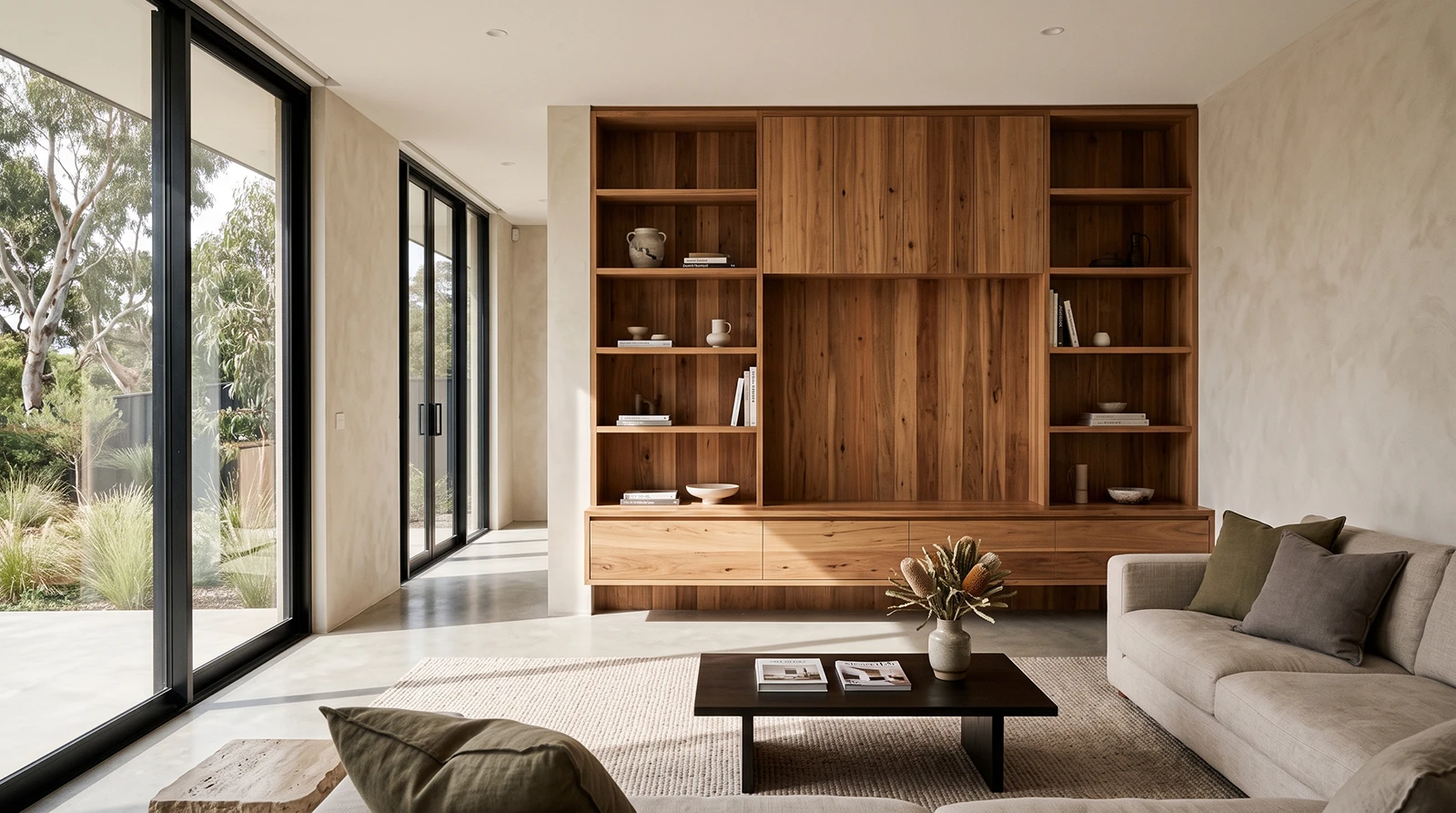Contemporary reclaimed teak joinery in an Australian home.