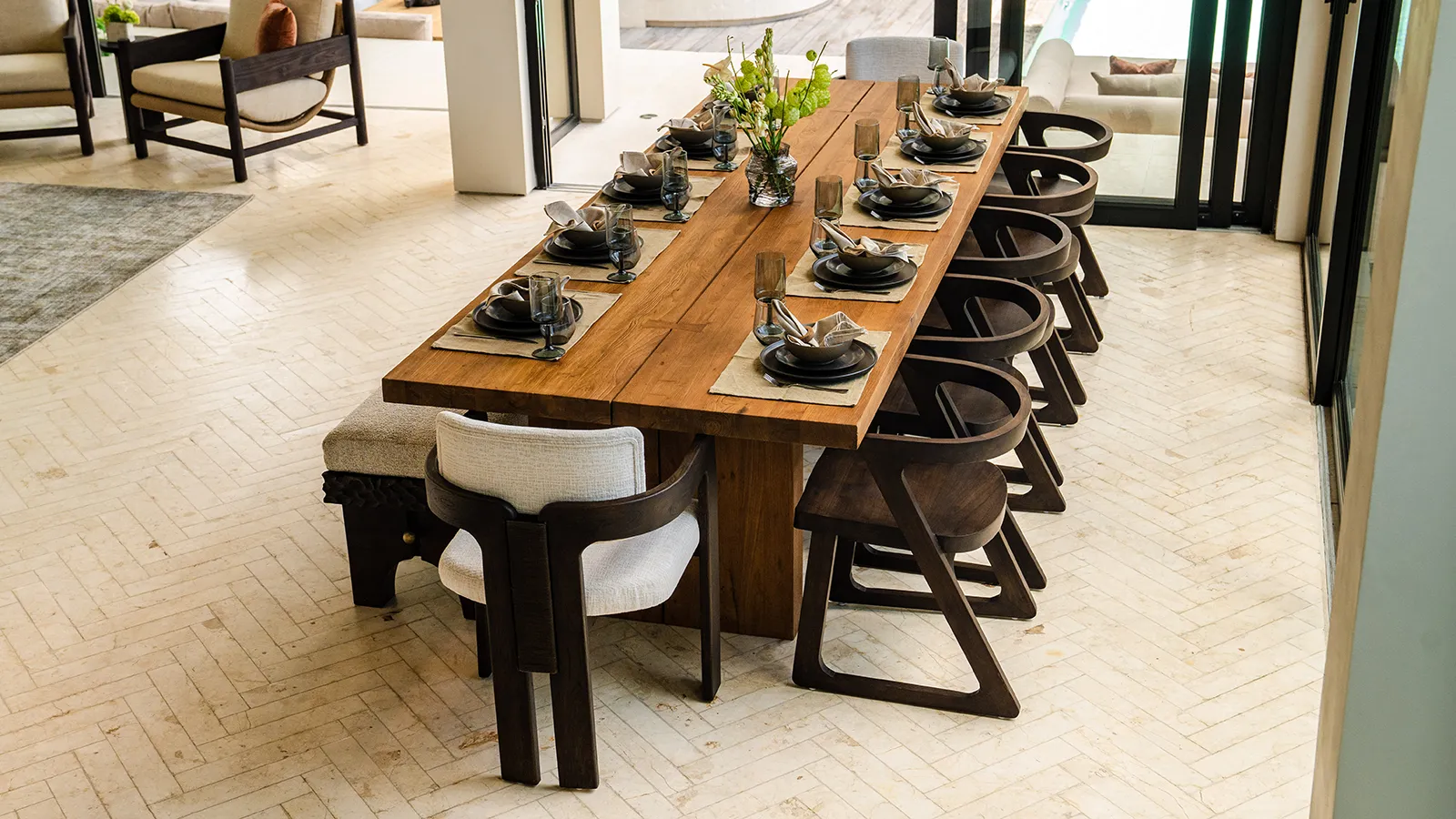 Reclaimed teak table in an open-plan living and dining space