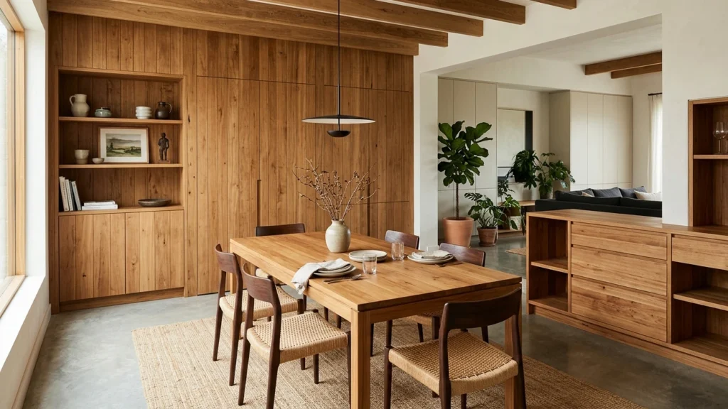Bespoke reclaimed teak furniture and cabinetry in a high-end interior