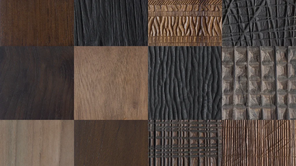 Reclaimed teak samples and material documentation prepared for a Green Star fitout specification.